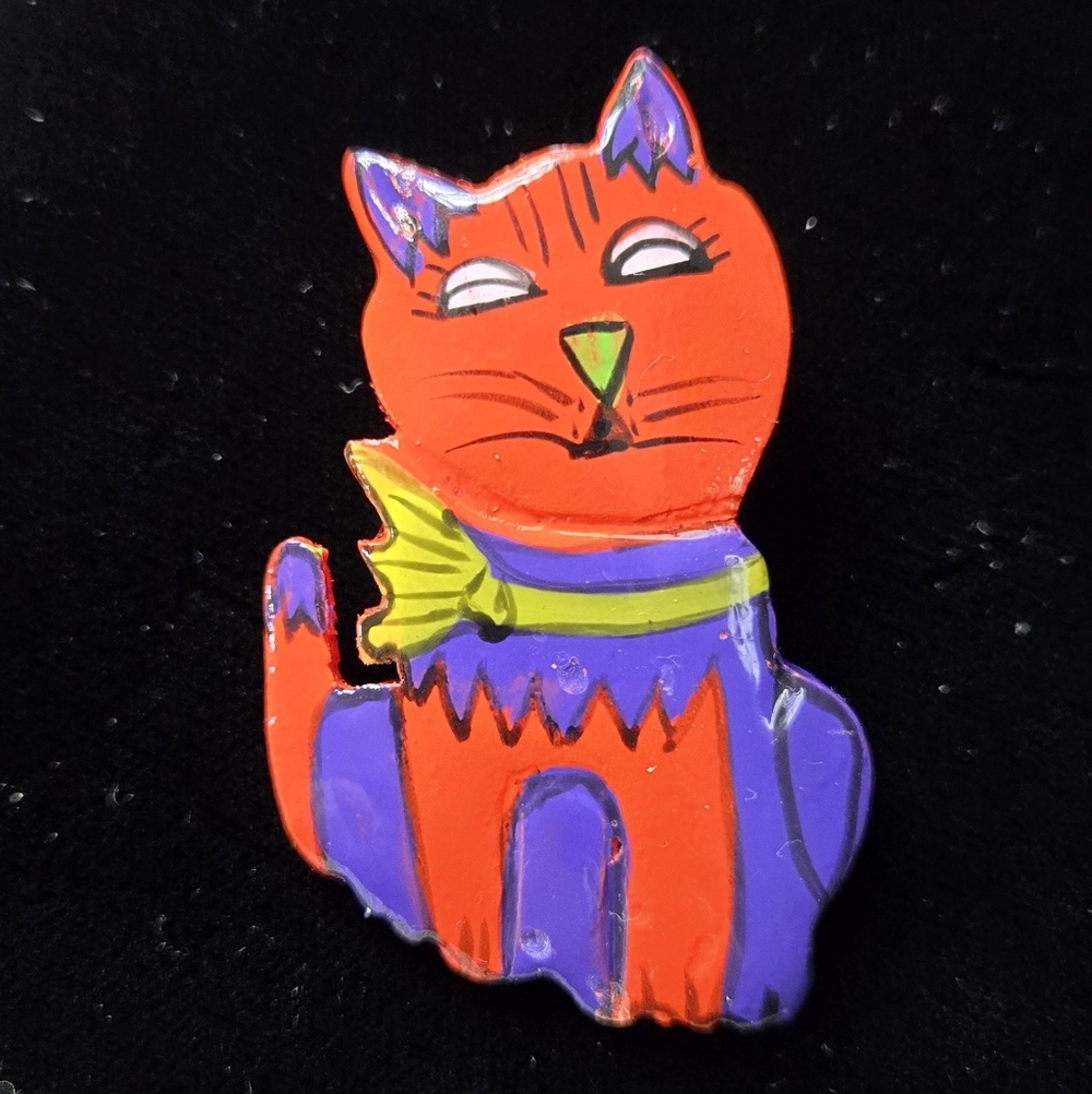 Colorful Cat Wood Pin Handmade Cat Pin